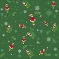 Seamless christmas backgrounds, grinch pattern, holly, christmas elements on a green background. Cartoon child character